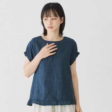 【Simply Yours】花苞袖小格亞麻衣 深藍F