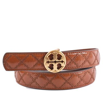 TORY BURCH Willa雙T圓標菱格雙面用窄版皮帶-焦糖橘棕-M