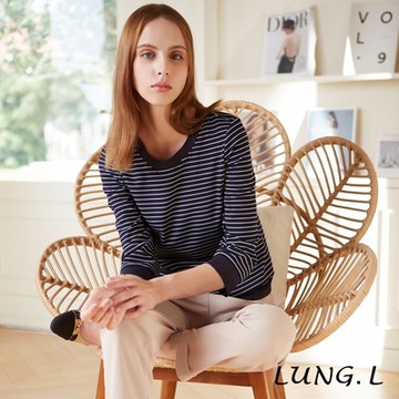 LUNG.L林佳樺 藍色條紋拼接素色七分袖女裝上衣LQ69A