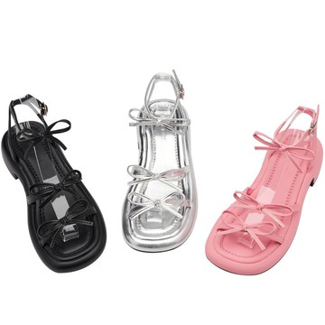 【Grace Gift】涼鞋 厚底涼鞋 涼鞋女【氣質細帶蝴蝶結繫踝中跟涼鞋】7色 35-39號 蝴蝶結 女鞋