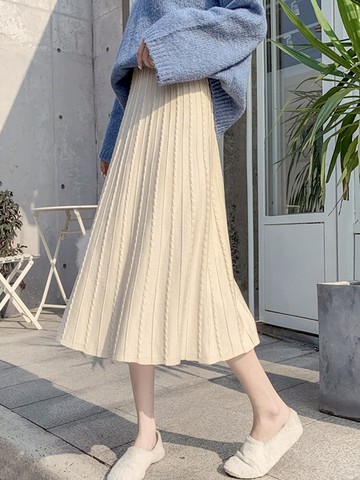 中長款百褶裙A字半身裙女秋冬裝新款時尚高腰一步裙針織長裙1入