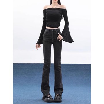 IDOLERA黑色喇叭褲牛仔褲女夏季新款高腰顯瘦馬蹄褲小個子微喇褲