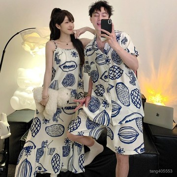 台灣熱賣 2025新款帶胸墊吊帶睡裙情侶睡衣女夏季冰絲綢短袖男款家居服套裝0520 T00D
