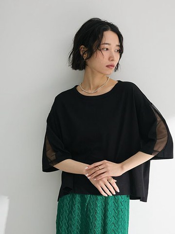 薄紗拼接袖側開衩短版上衣(06000374300) - Green Parks