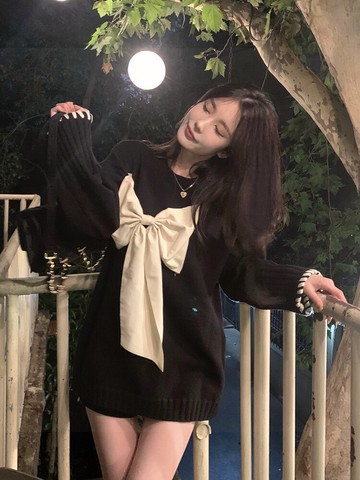 毛衣女秋冬慵懶風設計感小眾上衣寬松外穿蝴蝶結針織衫年新款