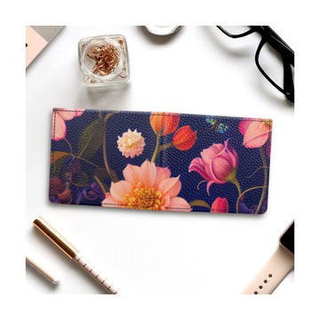 北歐繽紛多彩的花卉圖案，飛舞著神秘的蝴蝶鳥兒 對折皮夾 真皮