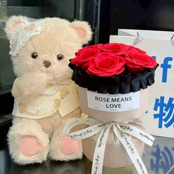 預購【LAMIE】晚安眼罩帽小熊-芭蕾風奶茶色紅玫瑰花束 玩偶花束 花束
