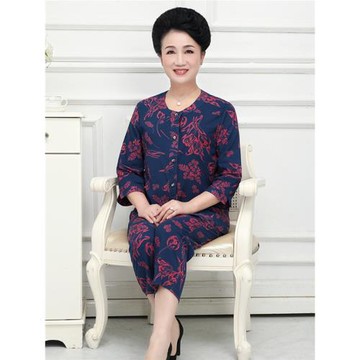 2025款中老年長袖開衫上衣棉柔媽媽裝襯衫休閑寬松人造棉套裝棉綢