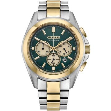 CITIZEN 光動能運動風格三眼計時錶/綠X香檳金/40.5mm/CA4684-54X