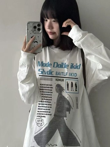 美式復古hiphop長袖t卹女純棉春秋高街卡通人物印花打底衫女生上衣  印花寬鬆情侶T恤慵懶風 男生oversize
