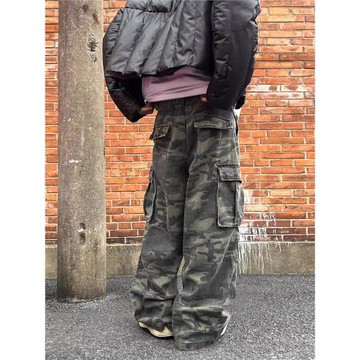 SHAKEYU美式復古迷彩大口袋工裝褲男寬松高街直筒闊腿休閑長褲子