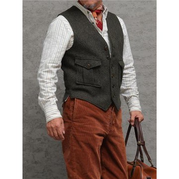 西里布墨綠色人字紋粗花呢羊毛馬甲背心男復古商務休閑修身坎肩
