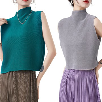 現貨+預購 三宅風上衣褶衣褶皺上衣高級折衣彈力女裝顯瘦摺衣大碼-高領背心無袖4色74lj11【獨家進口】【米蘭精品】