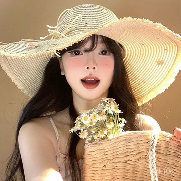 海邊度假🌟 蝴蝶結草帽夏季海邊沙灘度假法式蕾絲太陽帽帽簷遮陽防曬太陽帽子沙灘帽 防曬帽