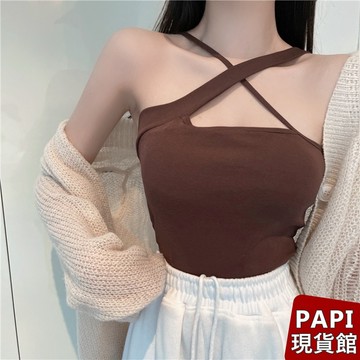 【PAPI】造型交叉平口小可愛 春夏歐美復古性感貼身氣質無袖細肩帶罩杯背心 短版背心 打底背心 平口背心女【1308】