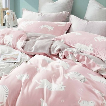 夢之語 40支天絲床包兩用被組  加大(床包188 x 182cm + 鋪棉兩用被套212 x 182cm + 2個枕套75 x 45cm)  貓的午後 粉紅色