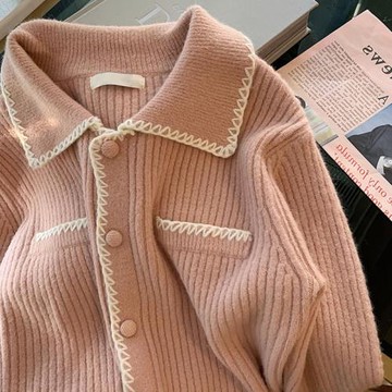 法式小香風名媛娃娃領針織開衫女秋冬季粉色短款溫柔毛衣外套外穿