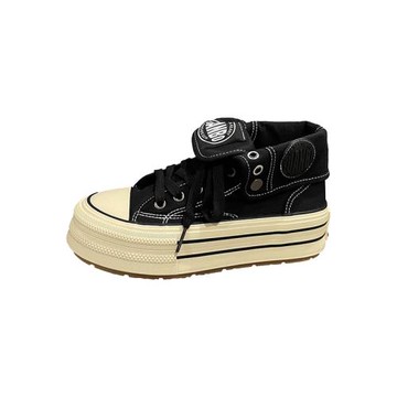 七七主人家 黑色高幫帆布鞋女2024秋季新款爆款女鞋高街板鞋ins潮