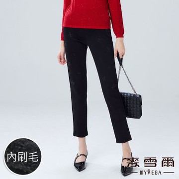 MYVEGA麥雪爾 內刷毛蝴蝶結刺繡燙鑽鬆緊腰九分褲-黑