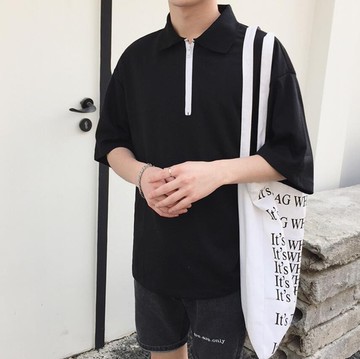 FINDSENSE品牌 時尚潮流 男 黑白撞色拉鏈 寬鬆POLO衫 短袖T恤上衣 翻領上衣短T