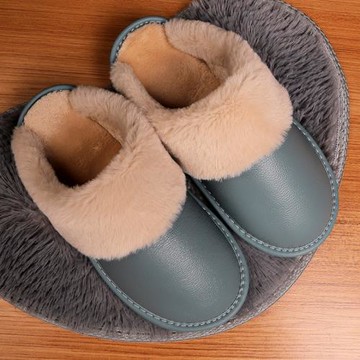 毛毛口真皮拖鞋居家女士冬季室內家用情侶保暖防滑純皮面棉拖鞋男