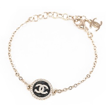 CHANEL ABG397 圓形標誌CC LOGO黑彩細閃水鑽手鍊.淡金