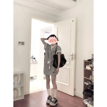 夏天套裝韓式學院風套裝女夏季假兩件短袖T恤搭配紋披肩短款褲裙一整套短袖上衣百搭女裝