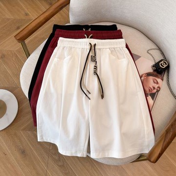 2024新款加大碼240斤高彈松緊腰笑臉褲繩純色休閑胖MM牛仔短褲