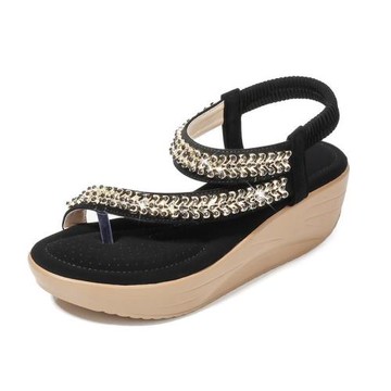 new圓頭夾趾女涼鞋厚底坡跟松緊帶水鉆涼鞋大碼Wedge heeled sand