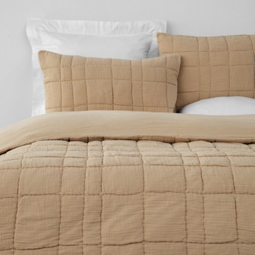 奧可利雙層皺皺紗绗縫純棉床包兩用被組加大 格子黃