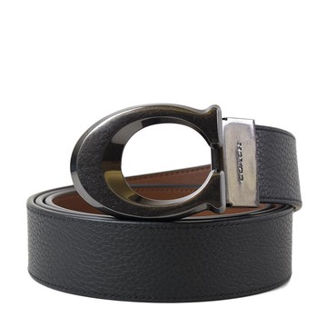 COACH 男款 鐵灰C字釦頭雙面用寬版皮帶-黑色棕色