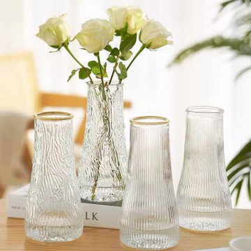 浮雕玻璃花瓶北歐透明水養富貴竹鮮花客廳幹花插花擺件【繁星小鎮】