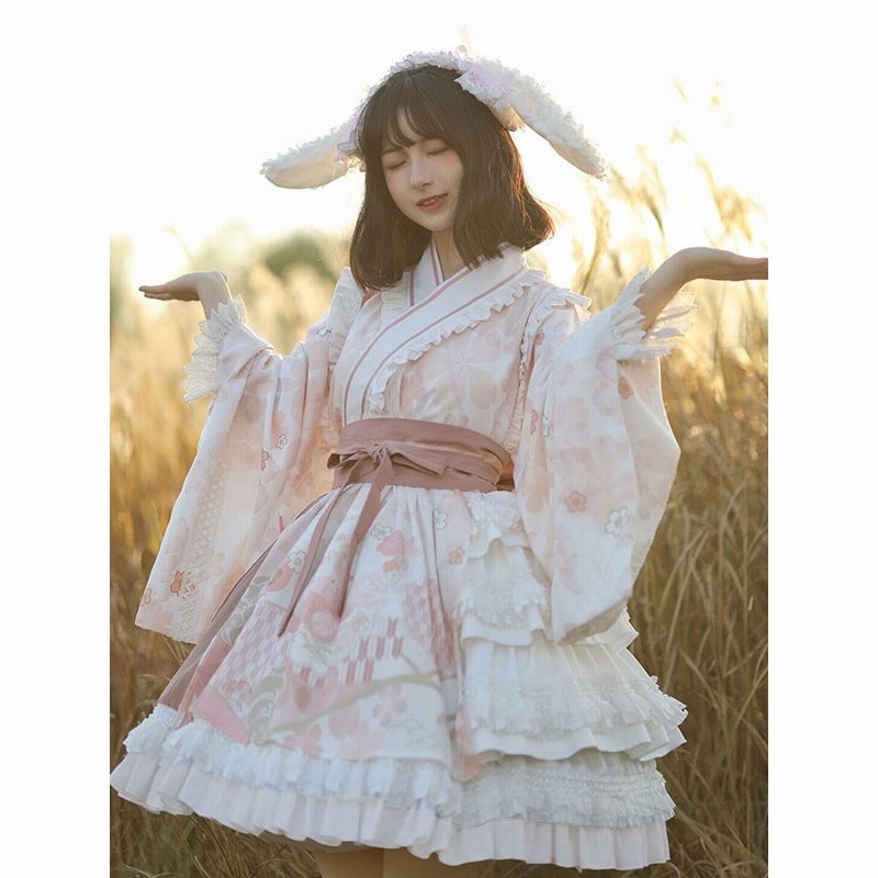 和風ロリータopワンピース長袖フローラルプリントピンクボウスウィートロリータワンピースワンピース 通販 Lineポイント最大get Lineショッピング