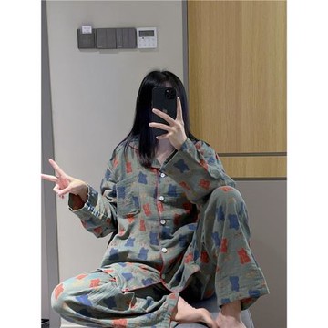 春秋長袖開衫睡衣男女紗布棉小翻領小熊印花家居服大碼200斤套裝