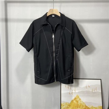 暗黑系設計師款式發型師潮牌男裝夏季短袖拉鏈襯衫線條刺繡上衣男