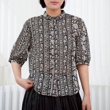 小翻領泡泡袖印花襯衫263059