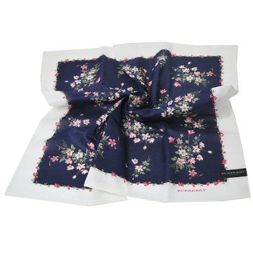 BURBERRY 繽紛浮水印花朵圖騰字母logo棉質大帕領巾(深藍/米白邊/58CM)