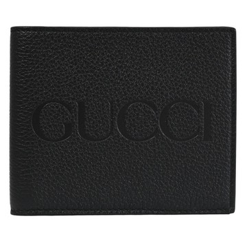GUCCI 古馳  品牌烙印LOGO荔枝壓紋對開六卡短夾(黑)