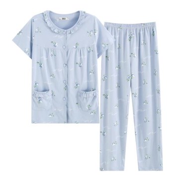 中老年短袖長褲女睡衣夏季薄款純棉短袖女睡衣中年無領女睡衣套裝