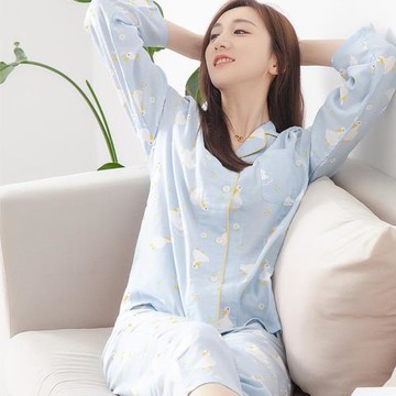 春夏女翻領雙層紗長袖開衫純棉全棉簡約寬松睡衣家居服套裝薄款