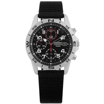 SEIKO / SND399P / 競速潮流 三眼計時 防水100米 尼龍帆布手錶 黑x銀框 38mm