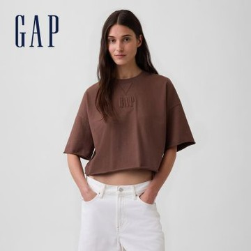 【GAP】法式毛圈布寬鬆捲邊短版運動衫-琥珀棕(897963)