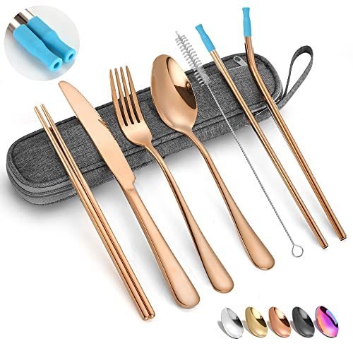 Reusable Utensils Set With Case Portable Travel Utensils Cutlery Set  Stainless Steel Flatware Set For Camping 8pcs Including Dinner Knife Fork  Spoon C