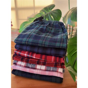 春夏全棉女褲色織磨毛休閑長褲可外穿家居褲格子窄版直筒褲210