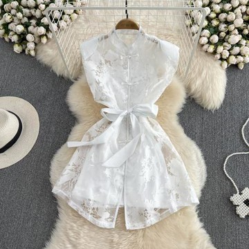 復古花朵改良旗袍連衣裙(白色)