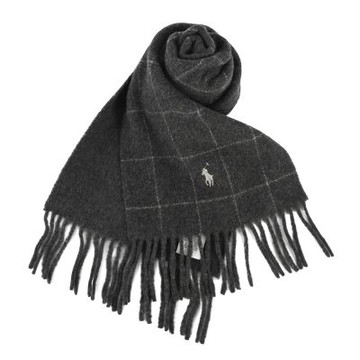 RALPH LAUREN POLO 小馬刺繡LOGO窗型格紋羊毛混紡圍巾-炭灰色