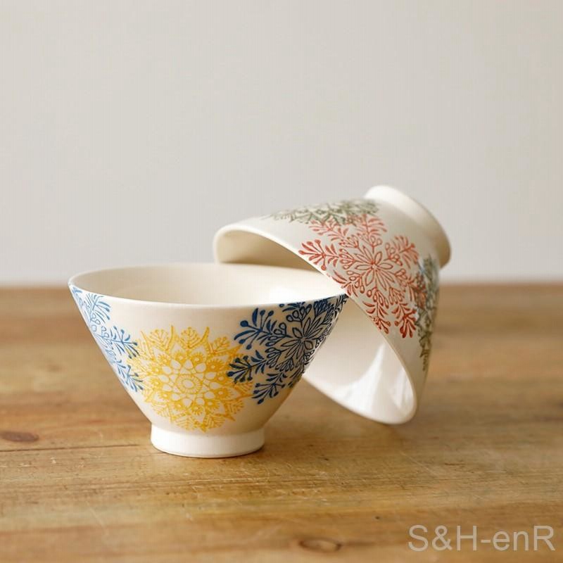 波佐見焼 茶碗 ペアセット 勲山窯 カラー幾何花紋 夫婦茶碗 お