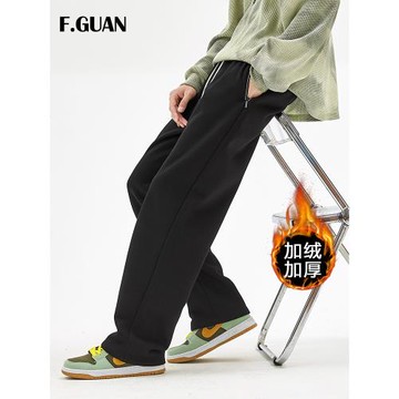 純色加絨運動褲男冬季休閑長褲子寬松直筒褲黑膠拉鏈口袋潮牌衛褲