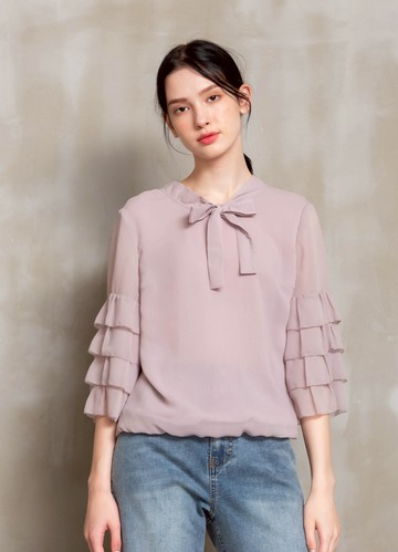 漫花開綻層疊荷葉袖楊柳雪紡上衣