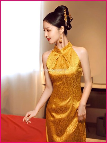 晨袍中式旗袍新娘結婚改良高級新款紅色訂婚敬酒無袖禮服連身裙 JNQS